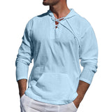 LUTAOTIE 355# Men's Spring/Summer plus Size Casual Tropical Cotton and Linen Lace-up Pocket Solid Color Hooded Long-Sleeved T-shirt Shirt