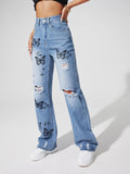 New European and American  Wish Embroidery Ripped Fashion Denim Skinny Pants Female 69310