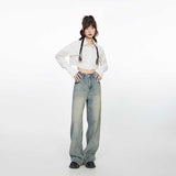 LUTAOTIE  Yupi Player Niche Distressed Cement Yellow Retro Loose Wide-Leg Jeans Women's Trousers Lengthened