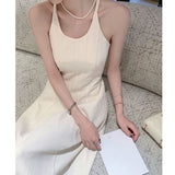 Sexy Retro Solid Color Sling Dress Female Summer Hot Girl U Collar Swing Long Dress Sleeveless Waist Slimming A- line Skirt