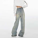 LUTAOTIE  Yupi Player Niche Distressed Cement Yellow Retro Loose Wide-Leg Jeans Women's Trousers Lengthened