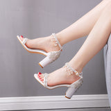 LUTAOTIE Square White Rhinestone Tassel Bride Wedding Heels