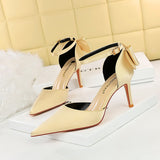 LUTAOTIE Women's Pointed Toe Satin Hollow Back Bow Heels