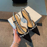 LUTAOTIE Elegant  Style Low-Heeled Shoes Socialite Pointed Toe Pumps Fairy White High Heels Stiletto Rhinestone Closed Toe Sandals for Women Summer