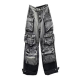 LUTAOTIE  Autumn New Style Fried Street Style Large Pocket Design Washed Gradient Tooling Paratrooper Pants Casual Jeans Women's Fashion