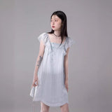 Shuman Soft Blue Woven Flying Sleeve Dress Women's Summer New Small Sized Man's Wear Sweet and Simple Skirt