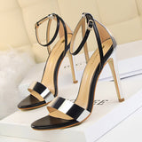 LUTAOTIE 267-3 European and American Fashion Sexy Nightclub Stiletto Heel Hollow-out Spliced Ankle-Strap Open Toe Hollow Women's Sandals