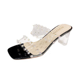 LUTAOTIE Women's Square Toe Chunky Transparent Summer Crystal Heels