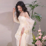 Tube Top Light Wedding Dress Bride Simple Long  Satin Wedding Veil Super Mori Morning Gowns Dress Welcome Wedding Dress