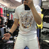 LUTAOTIE European Station Summer Men's Mercerized Cotton Short-Sleeved T-shirt Men's Totem Tide Rhinestone Embroidery Half-Sleeved Top plus Size Ins