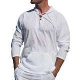 LUTAOTIE 355# Men's Spring/Summer plus Size Casual Tropical Cotton and Linen Lace-up Pocket Solid Color Hooded Long-Sleeved T-shirt Shirt