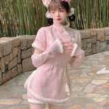 lutaotie Snow-Dusted Plum Blossom Warrior Fairycore Princesscore Dress with Gloves and Pants Bottoms Set