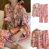 LANFUBEISI Pink Satin Sleepwear for Women Pajamas Jungle Tiger Print 2Pcs Long Shirt Pants Pyjamas Casual Nightwear Spring New Pajamas