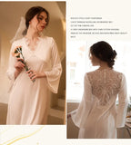 LANFUBEISI Long Tailing Nightgown Women Wedding Robe Elegant Lace Embroider Sleepwear Bride Banquet Dressing Gown Flare Sleeve Kimono