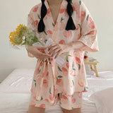 LANFUBEISI Pink Pajama Sets Women Sweet Casual Simple Design Stylish Japanese Style Lace-up Print Summer Home Lounge Wear Cozy Breathable