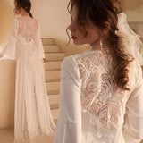 LANFUBEISI Long Tailing Nightgown Women Wedding Robe Elegant Lace Embroider Sleepwear Bride Banquet Dressing Gown Flare Sleeve Kimono