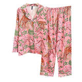 LANFUBEISI Pink Satin Sleepwear for Women Pajamas Jungle Tiger Print 2Pcs Long Shirt Pants Pyjamas Casual Nightwear Spring New Pajamas