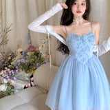 lutaotie Blue and Rose Calcite Cottagecore Fairycore Princesscore Coquette Kawaii Dress with Optional Cardigan Top Set