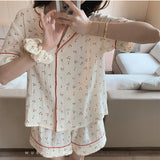 LANFUBEISI Cotton Suits with Shorts Girl Korean Women's Pajamas Kawaii Pyjama Cherry Print Pijama Short Sleeve Sleepwear Nightie Pjs