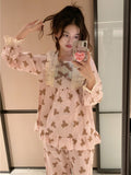 Cartoon Bear Print Lace Cute Sleepwear Sweet Home Long Sleeve Pajama Set Women Girlish Style Princess Loose Casual Sleep Tops