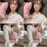 LANFUBEISI Cotton Suits with Shorts Girl Korean Women's Pajamas Kawaii Pyjama Cherry Print Pijama Short Sleeve Sleepwear Nightie Pjs