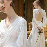 LANFUBEISI Long Tailing Nightgown Women Wedding Robe Elegant Lace Embroider Sleepwear Bride Banquet Dressing Gown Flare Sleeve Kimono