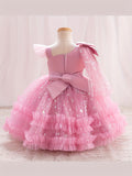 Midi Girls Elegant Fitted Fluffy Tulle Princess Gown with Off-the-Shoulder Design, Heart Pattern Bow Decor, Puff Sleeve and Pleated Hem - Perfect for Party, Carnival, Performance and Gift - Polyester Material, Non-Stretch, Lined, Regular Fit, Midi Length