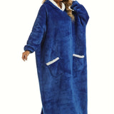 Plus Size Womens Flannel Loungewear Robe - Super Soft Hooded Wearable Blanket with Pockets for Cozy Casual Days