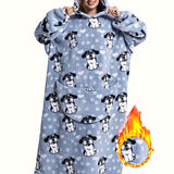 Plus Size Dog Print Flannel Blanket Hoodie, Winter Soft And Cozy Plush Hooded Outwear, Women's Plus Size Clothing