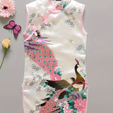 Flattering Peacock & Blossoming Flower Print - Chinese Style Sleeveless Cheongsam Dress for Glamorous Parties - Timeless Elegance with a Feminine Twist