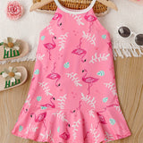 Girl's Dress Sweet Flamingo Print Ruffle Hem Halter Sleeveless Dresses, Summer Gift