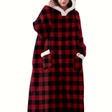 Plus Size Cozy Winter Wearable Fleece Blanket Robe - Soft Flannel Long Sleeve Hooded Design with Pockets for Relaxation - Perfect for Cold Weather Lounging and Outdoor Activities