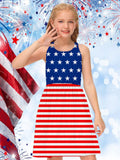 Five-Pointed Star Striped Puff Sleeves Loose Fit Girls Elegant Casual Dress - American Independence Day Inspired - Soft Fabric, Relaxed Style, and Vibrant Colors for a Chic Look