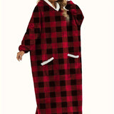 Plus Size Womens Flannel Loungewear Robe - Super Soft Hooded Wearable Blanket with Pockets for Cozy Casual Days