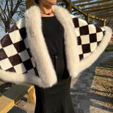 Luxurious Faux Fur Collar Shawl Cape - Fashion-Forward Checkerboard Pattern - Oversized & Warm for Autumn Winter