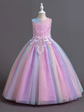 Rainbow Princess Dress for Girls - Lace, Tulle, and Flower Accents - Perfect for Wedding, Pageant, Runway, Piano Performance, and Special Occasions