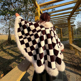 Luxurious Faux Fur Collar Shawl Cape - Fashion-Forward Checkerboard Pattern - Oversized & Warm for Autumn Winter