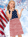 Five-Pointed Star Striped Puff Sleeves Loose Fit Girls Elegant Casual Dress - American Independence Day Inspired - Soft Fabric, Relaxed Style, and Vibrant Colors for a Chic Look