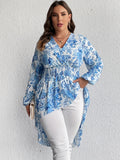 Plus Size Floral Lantern Sleeve Blouse – Chic Surplice Neck & Shirred Waist – Flattering High Low Hem Top for Elegant Occasions