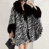 Luxurious Faux Fur Trimmed Cape Shawl Cardigan - Soft, Warm, Windproof, and Loose Fitting for Autumn and Winter - Elegant Black and White Leopard Print with Bat Sleeve Design