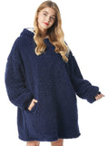 Solid Plush Hooded Robe, Warm & Comfy Wearable Blanket Robe With Pockets, Women's Sleepwear