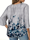 Plus Size Elegant Floral Print V-Neck 3/4 Sleeve Blouse for Women - Soft Slight Stretch Polyester Fabric, Casual Pullover Shirt for Going Out in Summer - Elegant Shirting with Positioning Printing