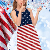 Five-Pointed Star Striped Puff Sleeves Loose Fit Girls Elegant Casual Dress - American Independence Day Inspired - Soft Fabric, Relaxed Style, and Vibrant Colors for a Chic Look