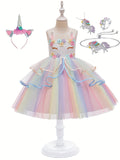 Girls' Enchanting Unicorn 5-piece Dress & Jewelry Set - Durable, Non-Sheer for Parties and Performances