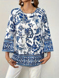 Chic Plus Size Floral Long Sleeve Top - Comfort Stretch, Versatile for Casual & Work Wear