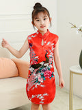 Flattering Peacock & Blossoming Flower Print - Chinese Style Sleeveless Cheongsam Dress for Glamorous Parties - Timeless Elegance with a Feminine Twist