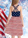 Five-Pointed Star Striped Puff Sleeves Loose Fit Girls Elegant Casual Dress - American Independence Day Inspired - Soft Fabric, Relaxed Style, and Vibrant Colors for a Chic Look