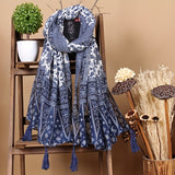 Ladies Porcelain Print Shawl - Stylish & Breathable, Artisanal Blue White Design with Fringe - A Fashion-Forward, Lightweight Accessory for Autumn Winter