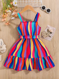 Girls' Colorful Striped Sleeveless Dress with Belt, Summer Irregular Patchwork Sundress, Romantic Style for Kids