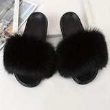 Womens Fashionable Colorblock Fluffy Ball Slides - Soft Slip-On Open Toe Shoes - Ultra-Comfortable Non-Slip Indoor Plush Loungers